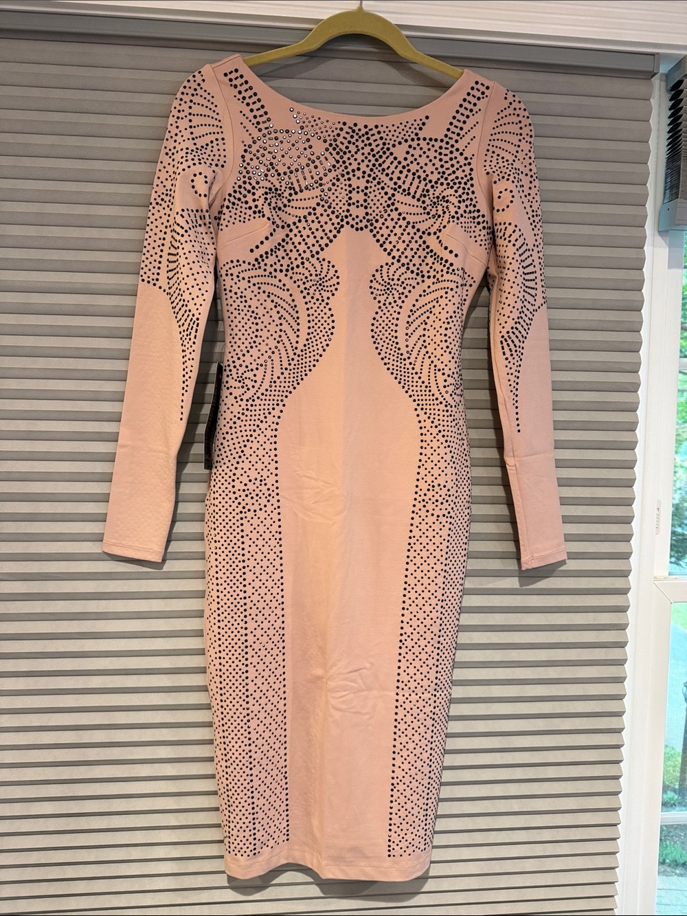 NWT Bebe Long Sleeve Pink Bodycon Dress with Embellished Pattern - size S
